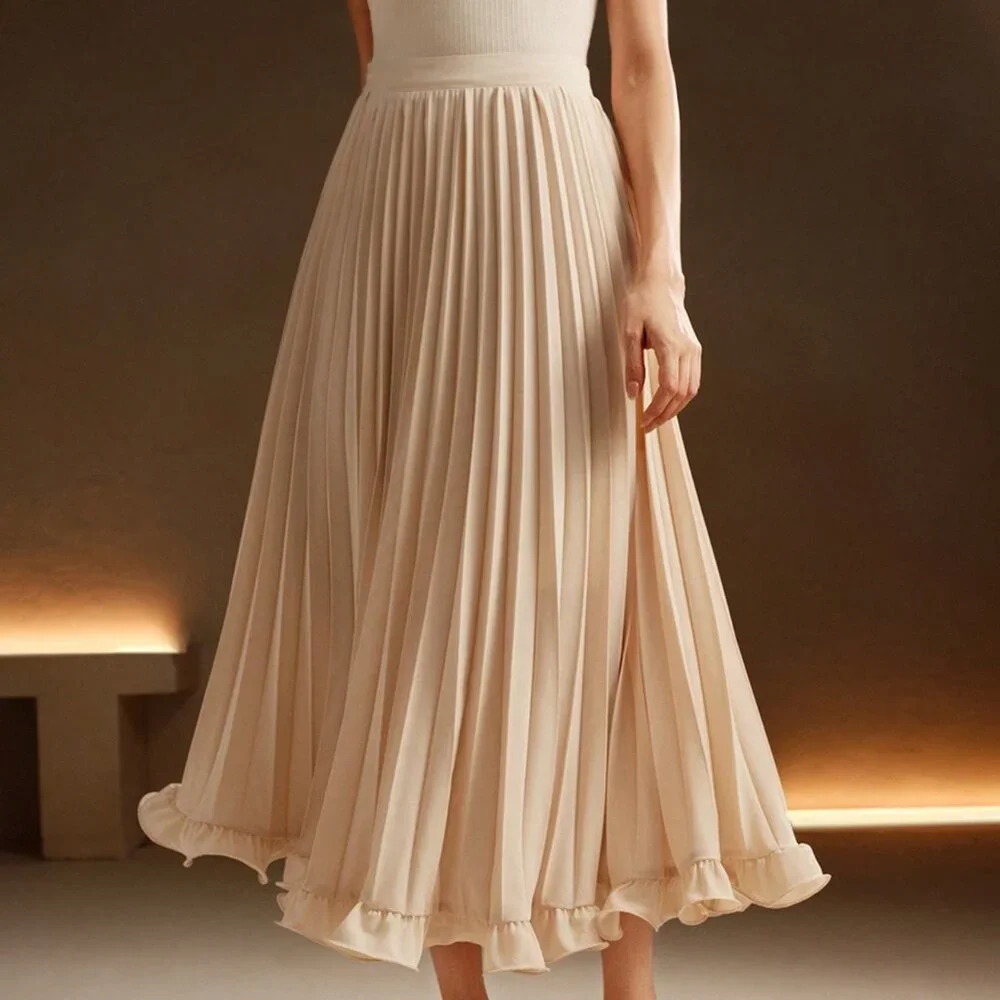 Apricot Elegant Women's Color Pleated Woven Ruffle Hem Skirt - Picture 2 of 7